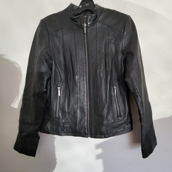 Kenneth Cole Reaction Black 100% Leather Long Sleeve Moto Biker Jacket Sz Small - Picture 1 of 13